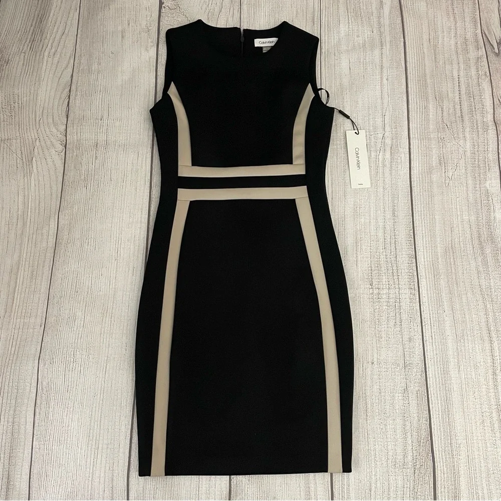 NWT CALVIN KLEIN Women’s Scuba Sleeveless Colorblock Sheath Dress Black Size 4P